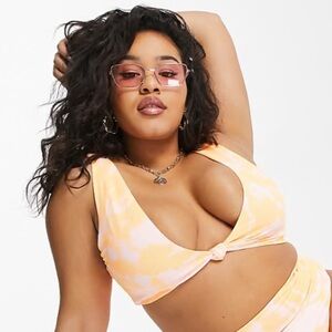 ASOS Curve Tie Front Bikini Top Size 14 Orange Tie Dye Fuller Bust Swim Top